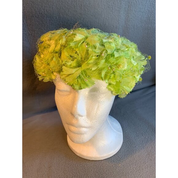 Ladies Light Green Flower and Velvet Bow Hat Union Made Vintage - Picture 5 of 9